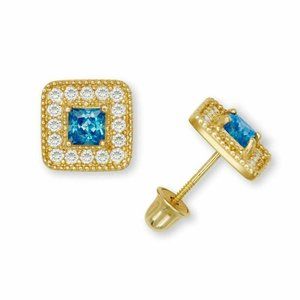 14K Solid Yellow Gold Halo Princess Studs Screw Back Earrings w/ Sparkly Stones